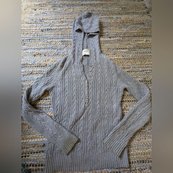 Vtg Aeropostale Gray Cable Knit Henley Hoodie Sweater Y2K Retro L Flaws Elana Gi - Picture 2 of 8